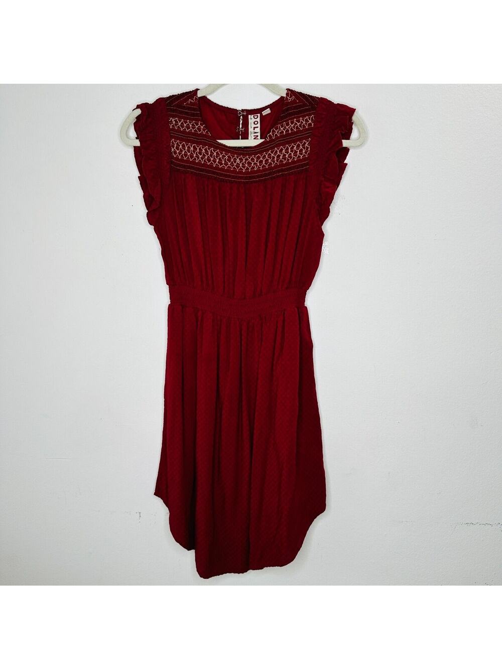 Anthropologie Dolan Red Left Coast Tansy Smocked Midi Ruffle-Shoulder Dress XS
